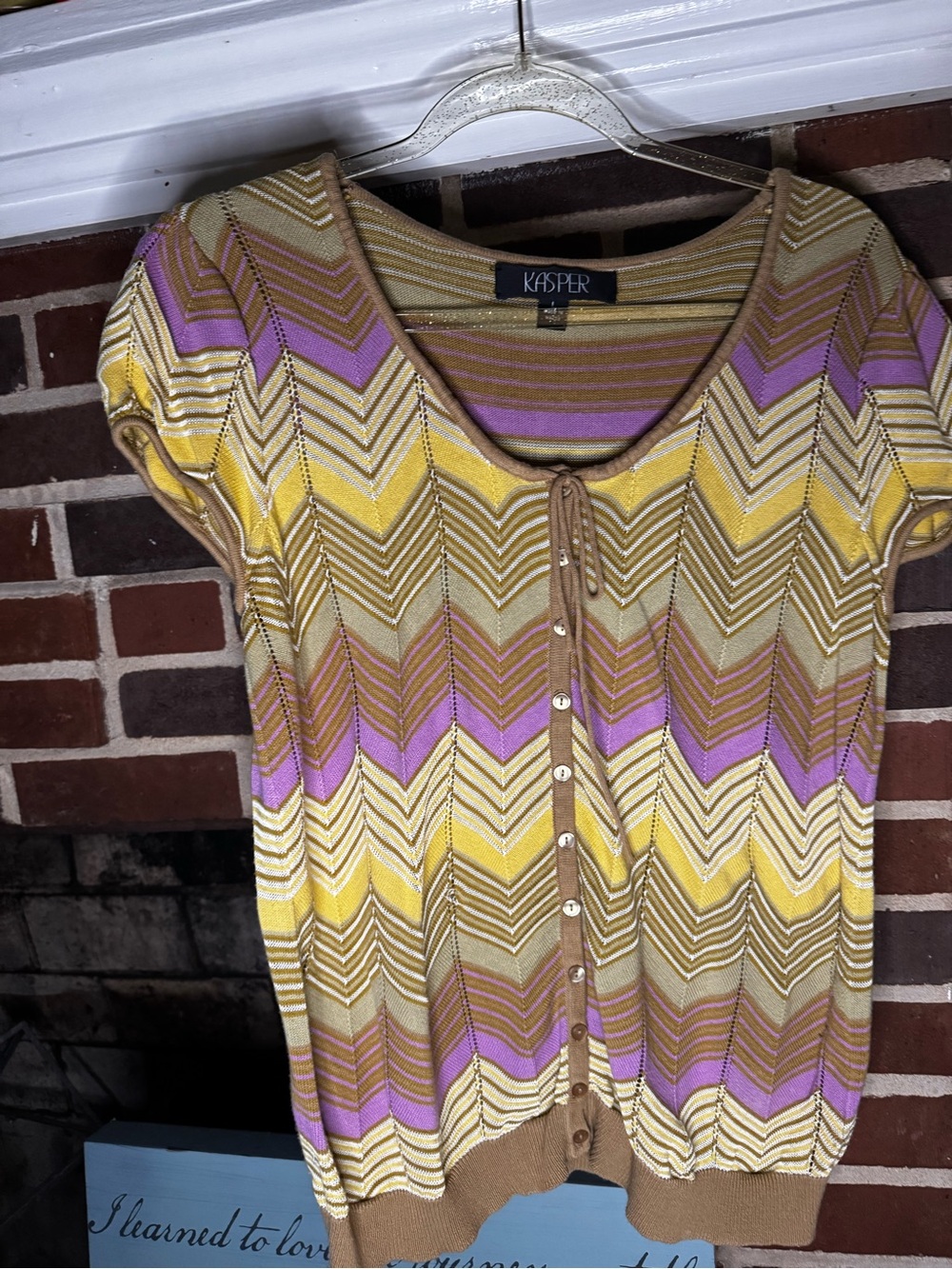 Vintage Kasper Women's Yellow Lavender Chevron Knit Cardigan